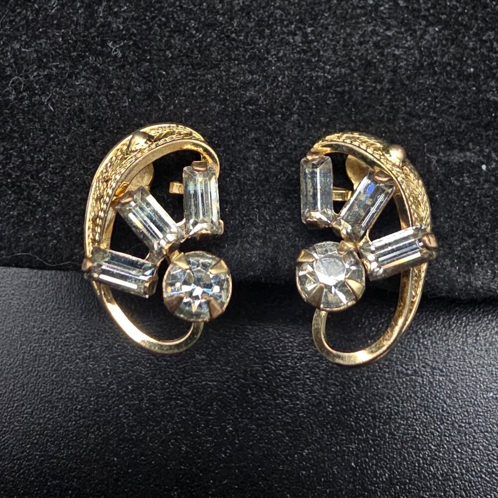 Loran Sim Co 12K Gold Filled Screw Back Earrings Baguette Rhinestone Vintage